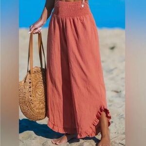 Cotton Wide leg/Beachy Ruffled Hem Pants in Coral